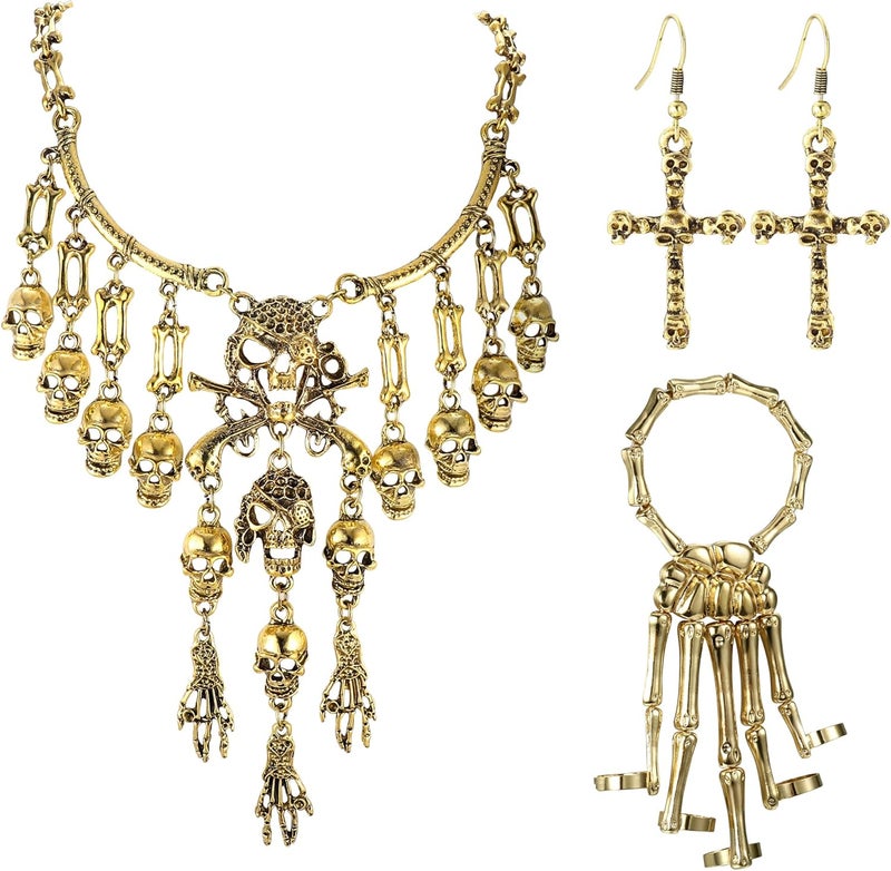 Yadoca 4Pcs Pirate Accessories For Women Multi-Level Pirate Skull Collar Bib Necklace Skull Skeleton Hand Bracelet Pirate Dangle Earrings Antique Gold Halloween Jewelry Set - Image 1